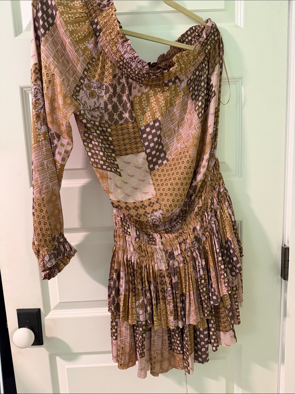 Current Air One-Shoulder Patchwork Ruffle Dress - Pink & Brown